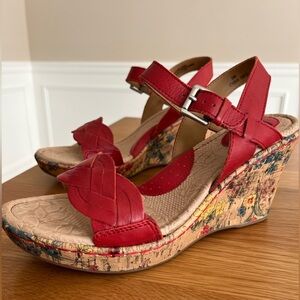 B.O.C BORN floral cork wedge red leather sandals size 9